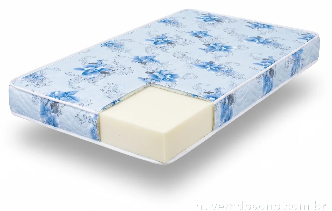 Estrutura interna ilustrativa do colchão Ortobom Dream Soft, com um corte no canto mostrando a capa em tecido estampado e o núcleo em espuma