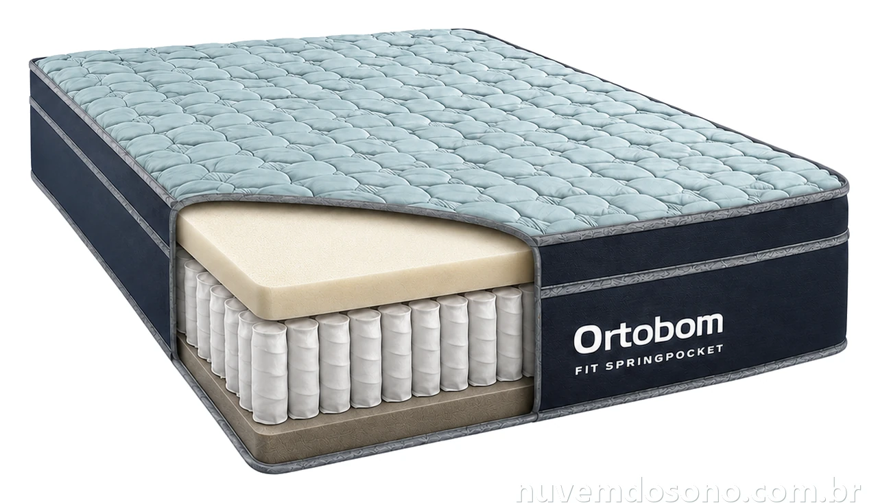 Estrutura interna ilustrativa do colchão Ortobom Fit Springpocket mostrando a malha matelassada, a espuma D33, as molas ensacadas individualmente e a base estrutural